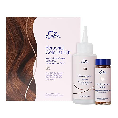 eSalon Personal Colorist Kit, Permanent Hair Color, 100% Gray Coverage, At-home Hair Color, Ammonia-free Hair Dye, Multi-dimensional Hair Color, Professional-grade Hair Dye (Medium Brown Copper Golden 5CG)