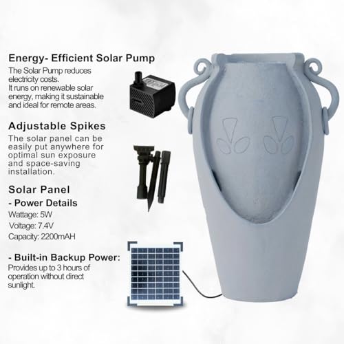 Image of XBrand 34 inch Solar Pot Fountain, Amphora-Inspired Design, Outdoor Water Fountain, Polyresin, Gray