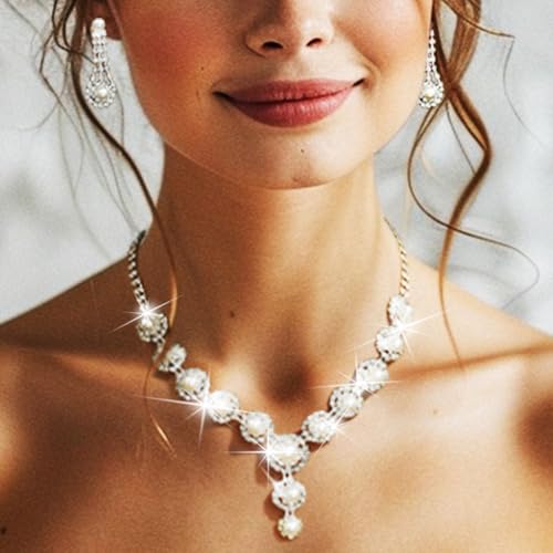 Nicute Pearl Jewelry Set Sparkly Rhinestone Necklace Earrings Sets Prom Costume Bridal Jewelry Set for Women3