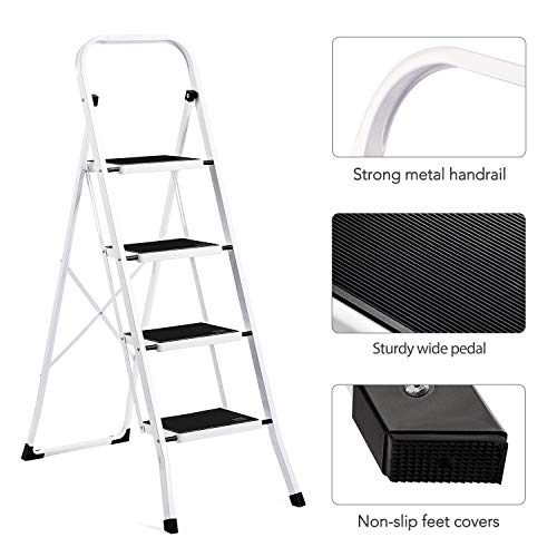 ACKO Folding 4 Step Ladder with Convenient Handgrip Anti-Slip Sturdy and Wide Pedal 300lbs Portable Steel Step Stool White and Black 4-Feet
