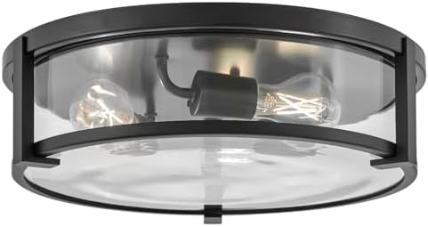 Hinkley Lowell 3243BK-CL Medium Flush Mount Ceiling Light, Twist Lock System Keeps Fixture Flush with Ceiling, Damp-Rated for Bathrooms, Laundry Rooms, Black and Clear Glass
