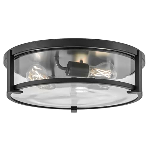 Hinkley Lowell 3243BK-CL Medium Flush Mount Ceiling Light, Twist Lock System Keeps Fixture Flush with Ceiling, Damp-Rated for Bathrooms, Laundry Rooms, Black and Clear Glass