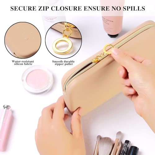 Image of INOVERA (LABEL) Makeup Brush Holder Pouch Case for Travel - Silicone Cosmetic Brushes Kit - Travelling Make up Organizer Bag (Khaki)