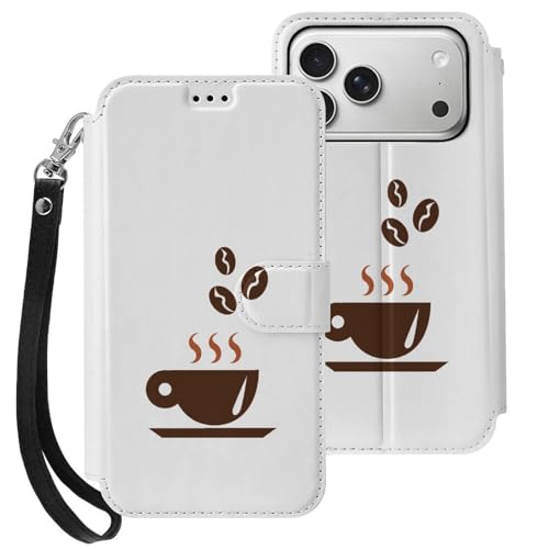 コーヒー豆とホットコーヒー iPhone17Pro用ケース 手帳型 ストラップ付き カード収納 スタンド機能 アイフォン17Proケース 大容量 耐衝撃 PUレザー カバー スマホケース 財布型 Case