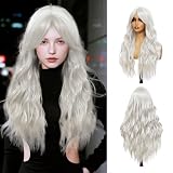 Long Gray Wavy Wig with Curtain Bangs for Women 26 Inch Heat Resistant Synthetic Silver Grey Blonde Wig Natural Looking Wavy Hair for Daily Wear, Party, Cosplay, Halloween