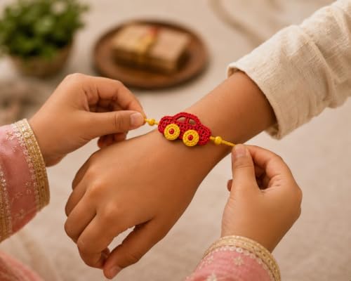 Image of Handmade Crochet Car Rakhi for Kids, Red and Yellow, Soft Knitted Thread with Beads, Raksha Bandhan