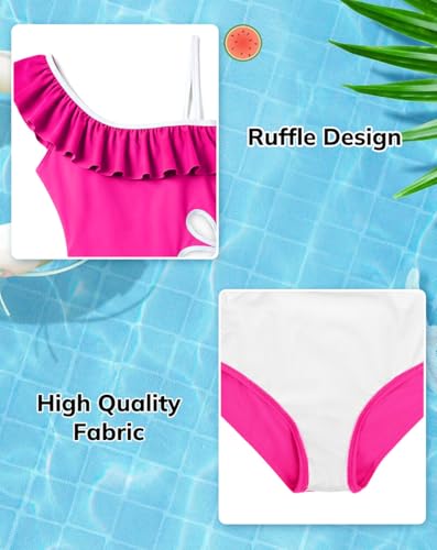 NikNio Girls One Piece Swimsuit One Shoulder Ruffle Bathing Suit Cute Cutout Adjustable Straps Quick Dry Beach Swimwear for Toddler Kids Teens Hot Pink 11-12 Years — view 5