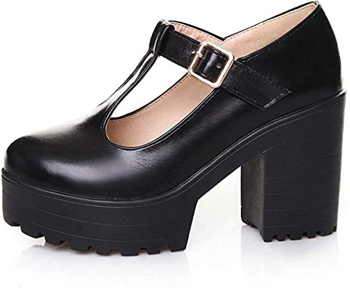 ForeMode Women’s Classic T-Strap Platform Mid-Heel Square Toe Oxfords Dress Shoes (Black, Numeric_7_Point_5)