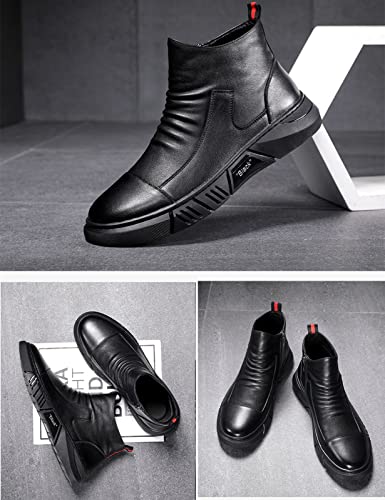 Image of Keilinia Men's Black Italian High-top Casual Leather Boots,2022 Fall New Round Toe Waterproof Non-slip Shock-absorbing Booties