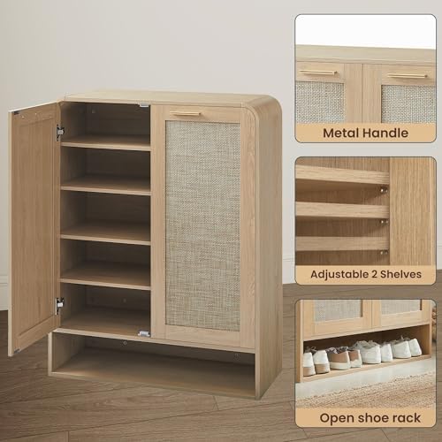 Rattan Shoe Cabinet with Doors - 6-Tier Wooden Shoe Organizer Rack, Adjustable Shelves for Stylish Storage, Modern Entryway Furniture, Space-Saving Design