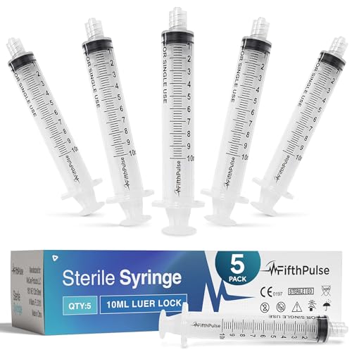 10 ml Syringe without Needle - 5 Pack of Individually Wrapped Disposable Syringes - Good for Medical Scientific Lab Home Use and More - Sterile Luer Lock Syringes