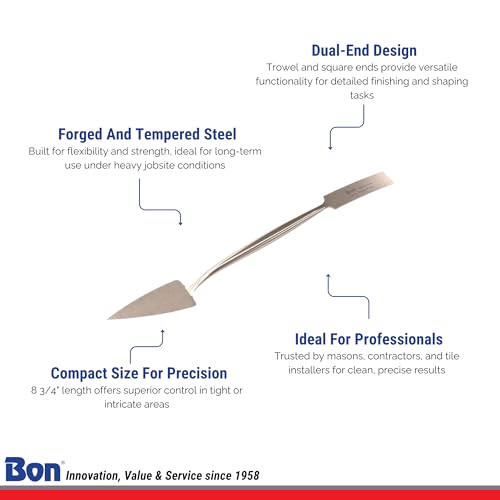 Bon Trowel and Square Tool – 3/4" Forged Steel Blade with Trowel and Square Ends for Detail Work – 8 3/4" Long Hand Tool for Masonry, Stucco, and Decorative Finishing