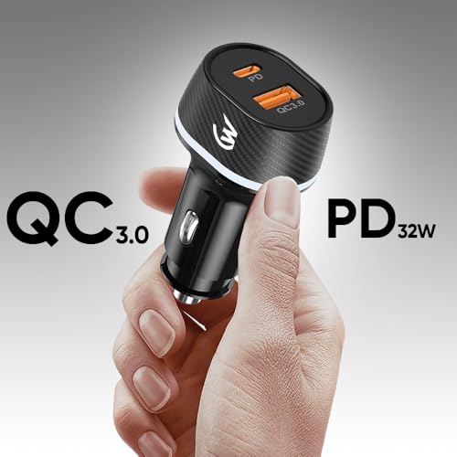 Image of 32W+20W Fast Car Charger with Dual Output (32W Type C PD & 20W USB-A QC3.0) Compatible with All Cars Smartphones & Tablets (Black)
