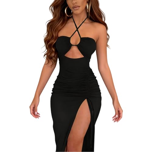 Image of Women Sexy Ruched High Split Bodycon Maxi Dress Sleeveless Hollow Out Halter Party Cocktail Long Dress
