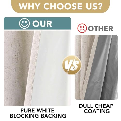 H.VERSAILTEX Linen 100% Blackout Curtains for Bedroom Full Light Blocking Curtains, Textured Window Curtain for Living Room 84 inch Grommet, Energy Efficient Curtains White Liner(2 Panels, Natural)