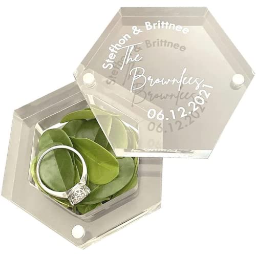 Ter Custom ring box for wedding ceremony,select ring box for wedding ceremony,wedding ring box custom name date transparent prop,ring security box for ring bearer. (Transparent,6.5 * 5.6 * 3 CM)