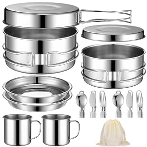 14 Piece Camp Cooking Set, Stainless Steel Camping Cookware with Pot and Pan Kit 2 Set Stainless Steel Cups Plates Forks Knives Spoons for Camping, Backpacking, Outdoor Cooking and Picnic