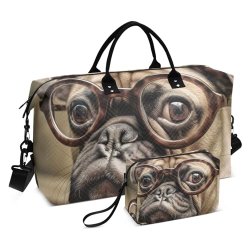 Large Travel Duffel Bag, Pug Dog with Glasses Sports Tote Gym Bag, Shoulder Weekender Overnight Bag for Women Men, Carry On Luggage with Toiletry Bags