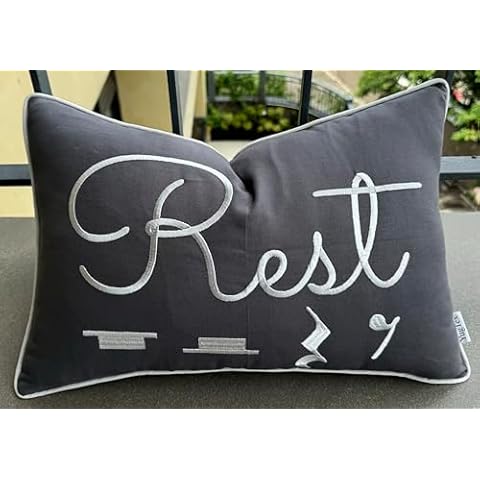 YugTex Rest Sentiment Cotton Embroidered Decorative Lumbar Accent Throw Pillowcase - Gift for Music Lover, Bedroom Decor - 12x18 Inches, Dark Grey Cover