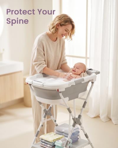 Image of 2-in-1 Foldable Baby Bathtub with Stand, Newborn Tub for Infant to Toddler, Easy-Store Design, Baby Shower Gift for New Parents, Grey
