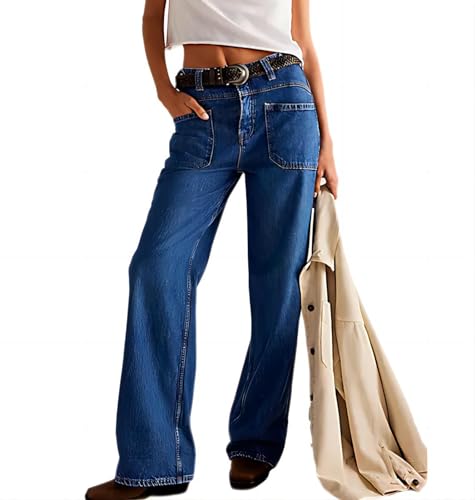 Women's 90s Vintage Low Rise Wide Leg Jeans Baggy Y2k Trendy Straight Boyfriend Denim Pants