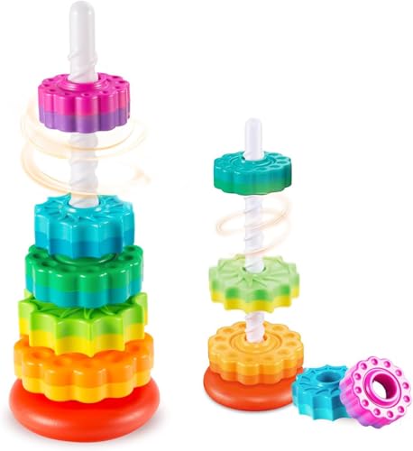 Image of PLUSPOINT Baby Spinning Stacking Toys for Toddlers 1-3, Rainbow Ring Stacker Montessori Toys for Babies 6-12 Months, Sensory Learning Stacking Toy Gift for Boys Girls