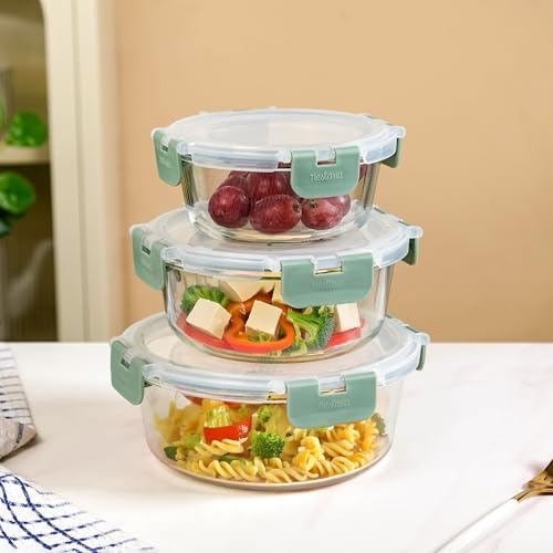 Image of Nestasia Nestro Airtight Glass Containers with Lid Set of 3 (400ml, 600ml, 950ml) | Spill Proof Round Glass Containers with Break Free Lock - Microwave, Dishwasher & Freezer Safe (Green)
