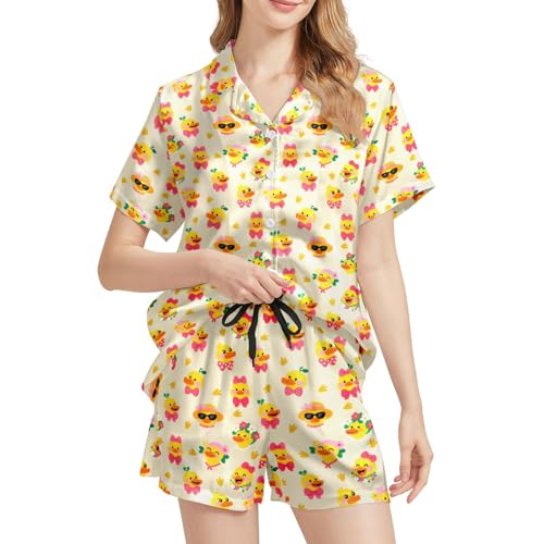 Image of Funny Pajamas for Women Set Print Satin Loungewear Pjs Short Sleeve Button Down Top and Shorts Sets Sleepwear XS-3XL