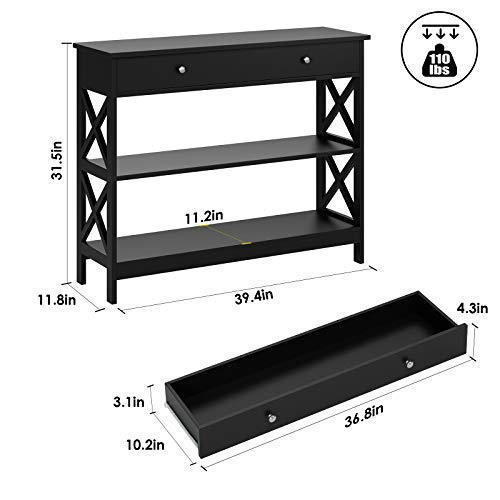 Kealive Console Table with 1 Drawer, Tall Entryway Table with 3-Tier Storage Shelves, Narrow Sofa Entry Table for Hallway Living Room, Sturdy Wood X Frame, 39.4 x 11.8 x 31.5 inches, Modern Black