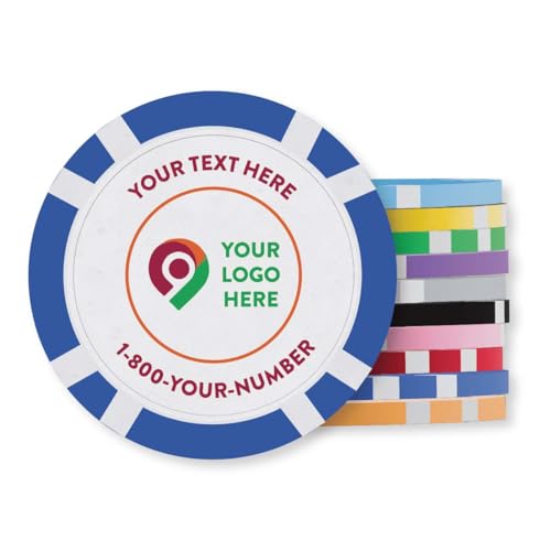 Custom Made Casino 8 Stripe Business Card Poker Chips with Your Logo, Text, or Design - 100 Qty.