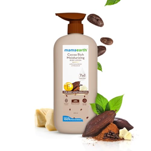 Image of Mamaearth Cocoa Rich Moisturizing Body Lotion with Cocoa Butter & VitaminE for Deep 48H Moisturization 400ml For Very Dry Skin | 7in1 Total Care Benefits | 100% Natural Butter | Non-Greasy Smooth Skin