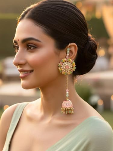 Image of Karatcart Gold Plated Pearl Chain Kundan Kaanchain Earrings for Women