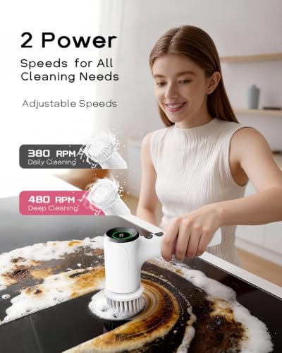 Image of PUFTEM Shower Scrubber, Electric Spin Scrubber for Bathroom Cleaning - Cordless Shower Cleaner Brush with 6 Brush Heads, Dual-Direction Rotation, for Grout, Tile, Tub, Sink & Corners, White