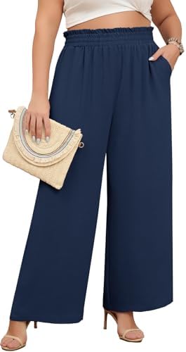 Lastshe Women's Plus Size Wide Leg Pants Elastic High Waist Hide Drawstring Loose Work Pants Palazzo Trousers with Pockets
