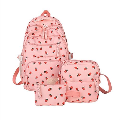 Coquette Strawberry Backpack,3PCS Cute Aesthetic Backpack Kawaii Daypack,Coquette Aesthetic Nylon Rucksack,for Women Fashion Travel Daypack