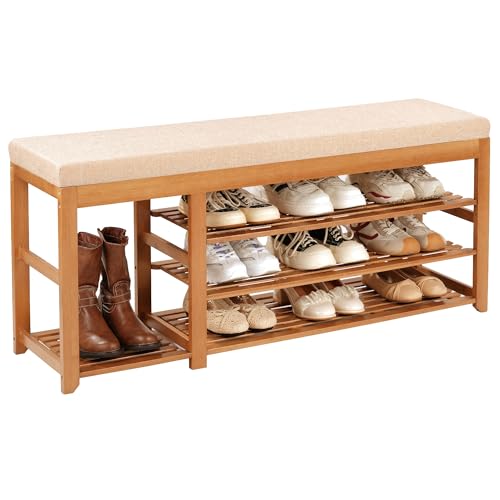 PETKABOO 47.2 in Shoe Rack Bench with Cushion, 3 Tier Bamboo Entryway Bench with Storage for Entryway, Hallway, Bedroom, Living Room - image 1