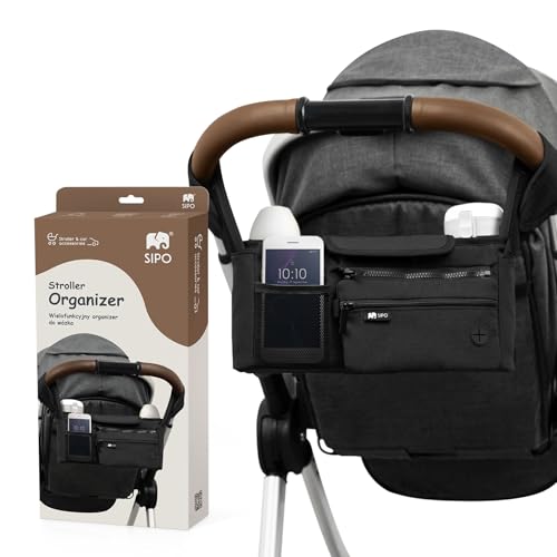 Organisateur de poussette noir SIPO avec porte-gobelets et compartiments