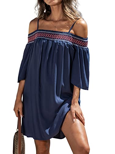 CUPSHE Women's Loose Open-Shoulder Short Dress Formal Dress 3/4 Sleeve Spaghetti Strap Smocked Lace Mini Dress