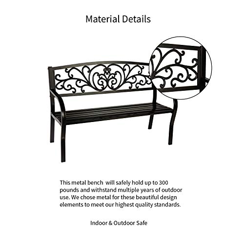 Evergreen Weatherproof Outdoor Bench Blooming Garden | Holds Up to 300 lbs | Furniture for Lawn Garden Patio Porch Park Deck | Steel | Black