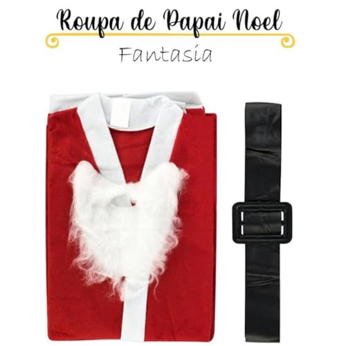 Roupa Papai Noel Traje Fantasia Completa de Natal Blusão Calça Cordão Ajustável Gorro Cinto e Barba