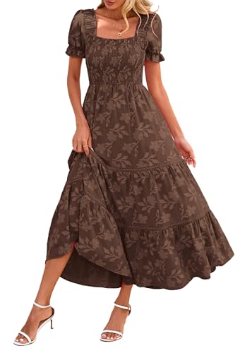 Lazysmile Women's Summer Boho Floral Maxi Dress Short Sleeve Square Neck Smocked Ruffle Elegant Wedding Guest Dress Brown
