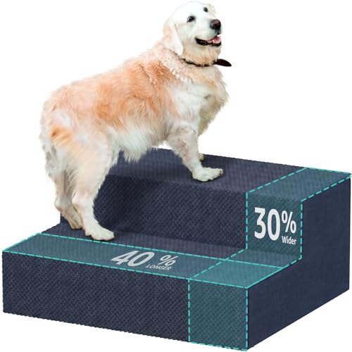 Image of YENING Large Dog Stairs for High Beds - Extra Wide Pet Steps for Large Dogs to Get on Tall Bed 3 Deep Step Cat Ramp for Couch 2 Steps Navy Blue