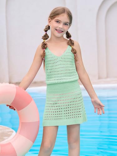 Image of Haloumoning Girls Sleeveless Crochet Swimsuit Cover Up Kids Summer Hollow Out Knitted Beach Dress 7-14 Years