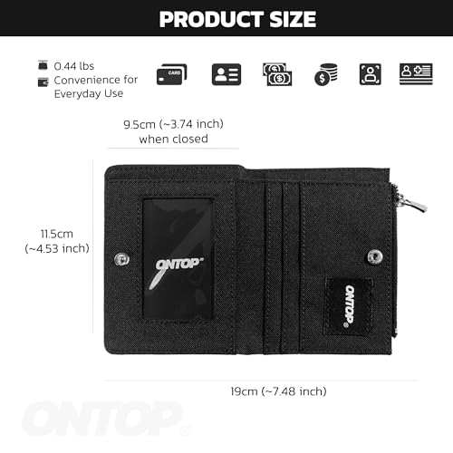 ONTOP Bifold Wallet, Minimalist Zipper Card Holder, Water Resistant, Lightweight Design (Black)2