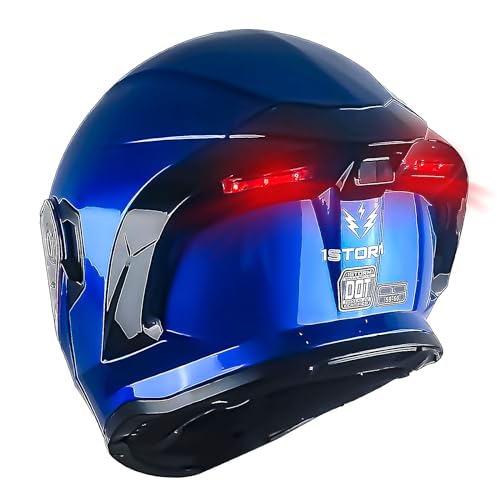 1Storm New Motorcycle Bike Modular Full Face Helmet Dual Visor Sun Shield with Rechargeable LED Tail Light: LED-X90 Glossy Blue