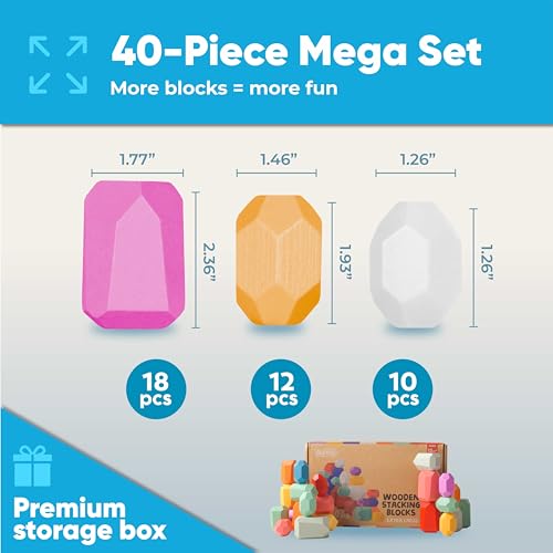 Image of BUNMO Wooden Blocks 40 pcs, Non-Toxic Toddler Toys | Perfect as Sensory Table Stacking Rocks | Toddler Montessori Toys for Screen-Free, Hands-On Fun | Wood Blocks or Stacking Stones for Building
