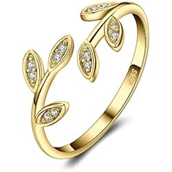 Anillos Dorados JewelryPalace Ajustable Hoja de Olivo Anillo Mujer Plata de Ley 925 Oro 14k, Jardín Anillo Abierto Sencillo Circonita, Anillo Niña Elegante Piedra Preciosa, Regalo Anillo Promesa Joyas de Mujer