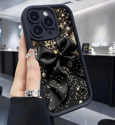 Image of COVERLY Black Bow Glitter Back Case for iPhone 12 Pro | 3D Minimalist Pearl Ribbon Cute Design | Camera Lens Protection | Soft TPU Silicone Aesthetic Print Cover for Girls & Women (Black, Shockproof)