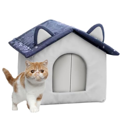 Caseta para gatos de exterior – Caseta cálida aislada de poliéster, diseño refugio para mascotas, construcción resistente a la intemperie invernal, cómoda cama de exterior para perros y gatos