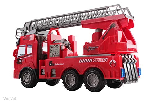Wolvolk Remote Control Electric Fire Truck - Lighted Rc Firefighter Engine W/ Extending Ladder & Sounds - Non Toxic Fireman Vehicle Action Toy For Kids #TOP6